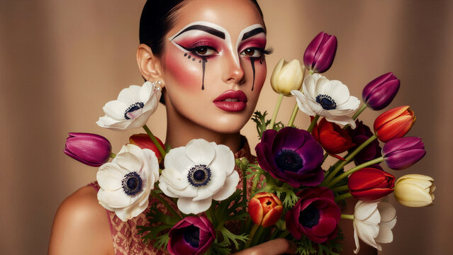 Artistic woman with avant-garde makeup holding a bouquet of anemones and tulips. High-fashion model with dramatic graphic eyeliner. Ideal for beauty editorials and creative makeup marketing.