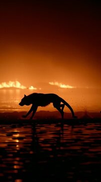Shadowy silhouette of Cerberus pacing along the River Styx, illuminated by distant firelight, haunting atmospheric movement in a dark mythological underworld