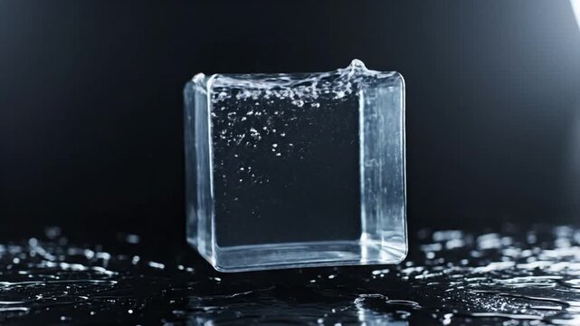 Macro close up of melting ice cube on wet dark surface with dramatic lighting and water droplets