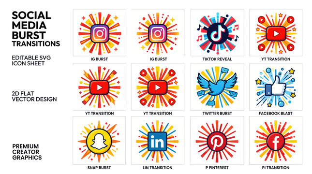 Social Media Burst Transitions: Icons for Instagram, TikTok, YouTube, Twitter, Facebook, Snapchat, LinkedIn, Pinterest