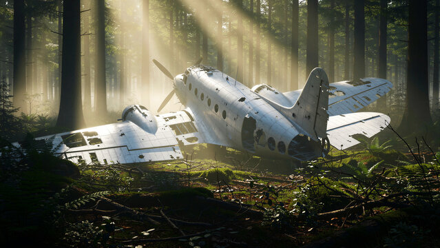 Abandoned airplane wreckage resting in a dense misty forest. Decaying vintage propeller plane fuselage with green moss. Mystery concept, ideal for adventure storytelling and survival marketing.