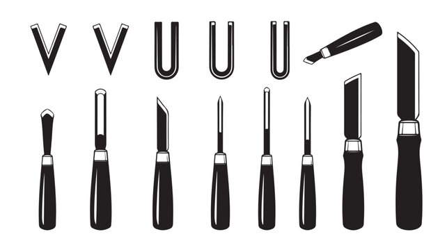 Woodworking chisel set vector illustration, professional wood carving tools collection, linocut and lino printing equipment icons