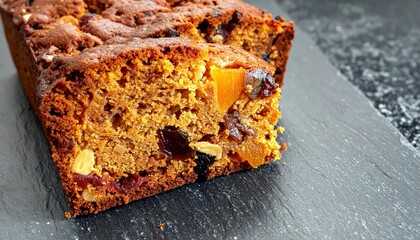Fototapeta premium A Close-up of a Rich Fruitcake Slice Showing Dense Moist Interior With Visible Pieces of Fruit and Nuts