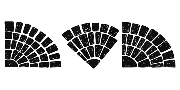 Set of decorative fan shaped cobblestone pavement patterns in black ink style