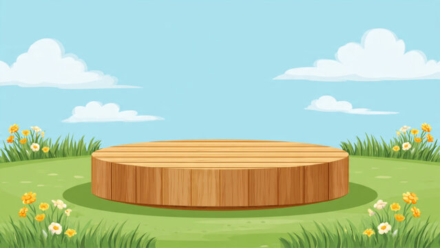 Empty wooden stage platform set on grassy field with bright sky and colorful flowers in background