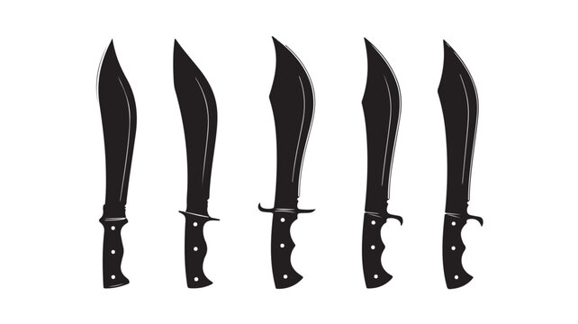 Tactical kukri knife vector set, black silhouette machete icons for hunting and survival, 5 curved blade military knives on white background