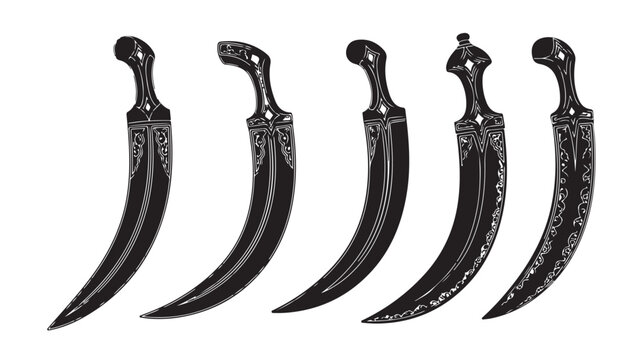 Traditional Arabic Khanjar daggers, set of 5 black curved Omani daggers with ornate silver filigree, Middle Eastern ceremonial knives vector