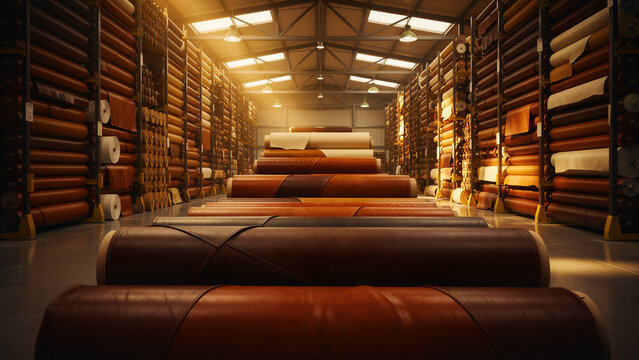 Large rolls of leather stacked in an industrial warehouse. Brown and tan textiles on metal shelving units. Supply chain concept for leather goods manufacturing and fashion logistics.