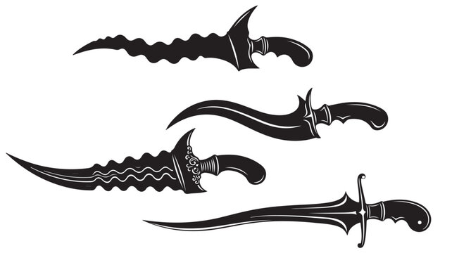 Traditional Keris Dagger Silhouette Set, Indonesian Ethnic Blade Vector Icons, 4 Ancient Malay Kris Weapon Illustrations for Cultural Design