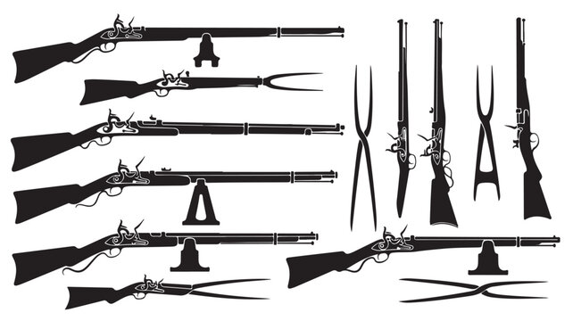 Vintage flintlock muskets and antique rifles vector set, historical black silhouettes of 18th century firearms, colonial weaponry collection