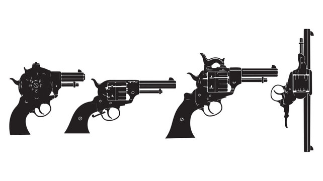 Vintage revolver silhouettes set, antique western handgun vector collection, black wild west pistol icons for historical graphic design