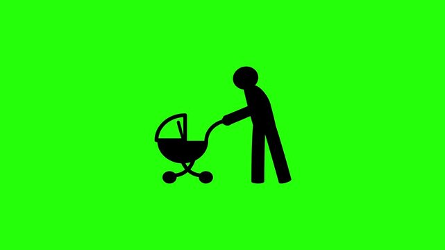 Professional 4K footage of a parent pushing a baby stroller pram silhouette bouncing cleanly. Great popup graphic for family lifestyle app or baby shop web.