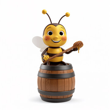 A cute and kind cartoon bee with a barrel of honey isolated on a white background