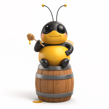 A cute and kind cartoon bee with a barrel of honey isolated on a white background