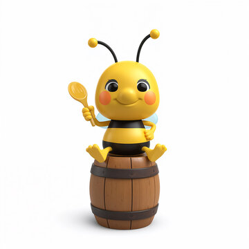 A cute and kind cartoon bee with a barrel of honey isolated on a white background