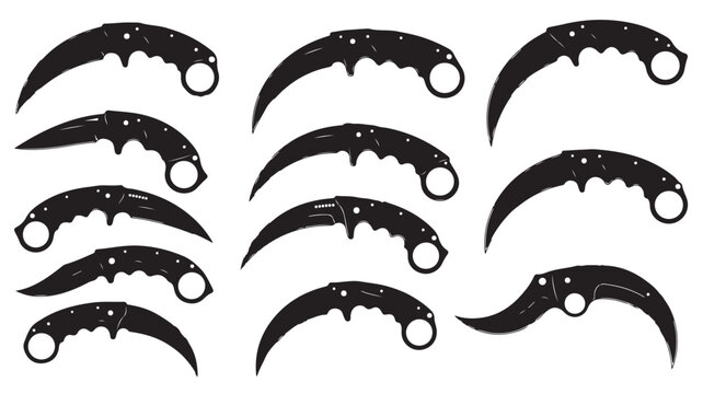 Karambit knife silhouette collection, set of 11 tactical curved blade vectors, black claw knife icons for gaming and martial arts design