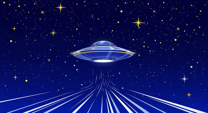 Cartoon UFO flying through deep space above speed light trails. Vibrant illustration of a blue flying saucer against a starry galaxy background. Sci-fi concept for posters and children's books.