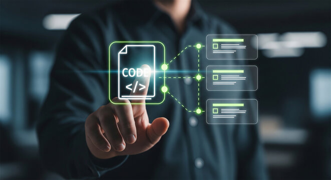 Software code development concept, programmer touching digital script interface, futuristic web programming and data management system