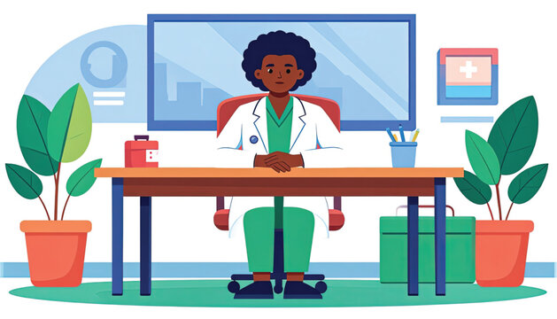Doctor sitting at office desk.