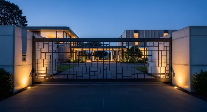A modern luxury house with a geometric metal gate and illuminated driveway at dusk.
