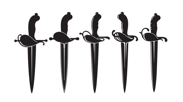 Vintage pirate dagger silhouette set, 5 antique nautical sword icons, black steel blade weapon collection for gaming and tattoo design