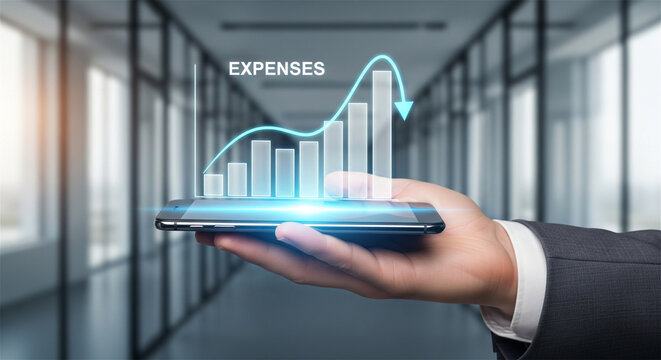 Business expenses reduction concept, financial bar chart with falling arrow on smartphone, corporate cost management and budget optimization