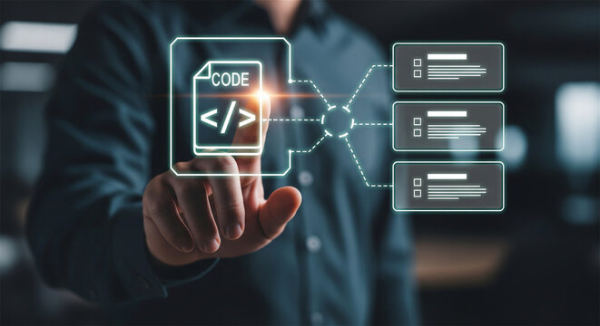 Software developer touching virtual code icon, futuristic programming interface, web development and digital data processing concept