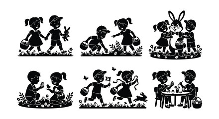 Fototapeta premium Children with easter baskets and eggs black and white vector illustration