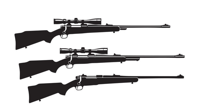 Hunting rifle vector silhouettes, bolt action sniper rifles with optical scopes, set of 3 firearm illustrations for hunting and shooting sports