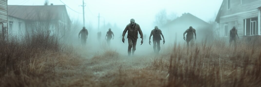 Group of scary zombies walking in a foggy abandoned village during a post apocalyptic outbreak, approaching the viewer with a creepy atmosphere