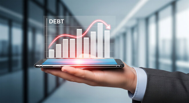 Financial debt reduction graph on smartphone screen, businessman holding digital bar chart with falling arrow, corporate credit management concept
