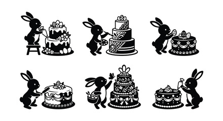 Rabbits Decorating Cakes Black And White Vector Illustration Set © Begum