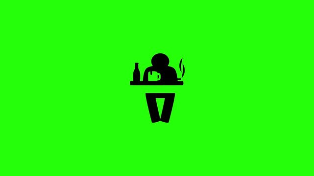 4K horizontal layout featuring an unhealthy man drinking alcohol and smoking a cigarette silhouette bouncing. Tactical bad habit healthcare warnings icon.