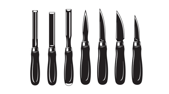 Vintage wood carving tools set, professional woodworking chisels and whittling knives, black and white vector illustration of carpentry equipment