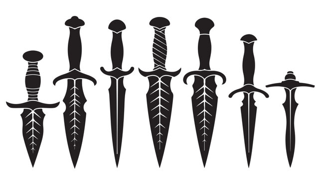 Medieval dagger silhouettes set, collection of 7 black fantasy knife icons, ancient steel blade weapon vector illustrations for gaming and tattoo design