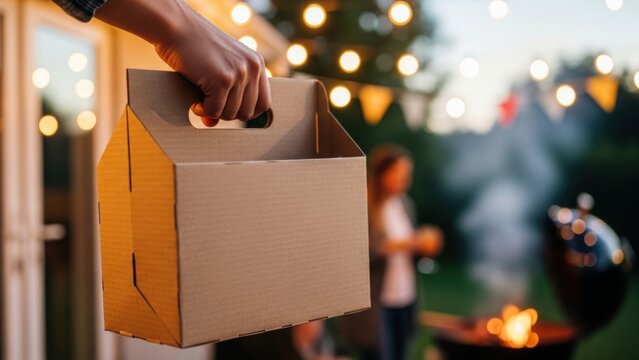 Person holding brown cardboard six pack carrier at outdoor evening barbecue.