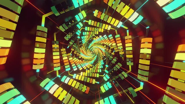 VJ loop data vortex made of glowing hexagonal blocks and digital structures, creating a deep background for stage screens and techno music events.