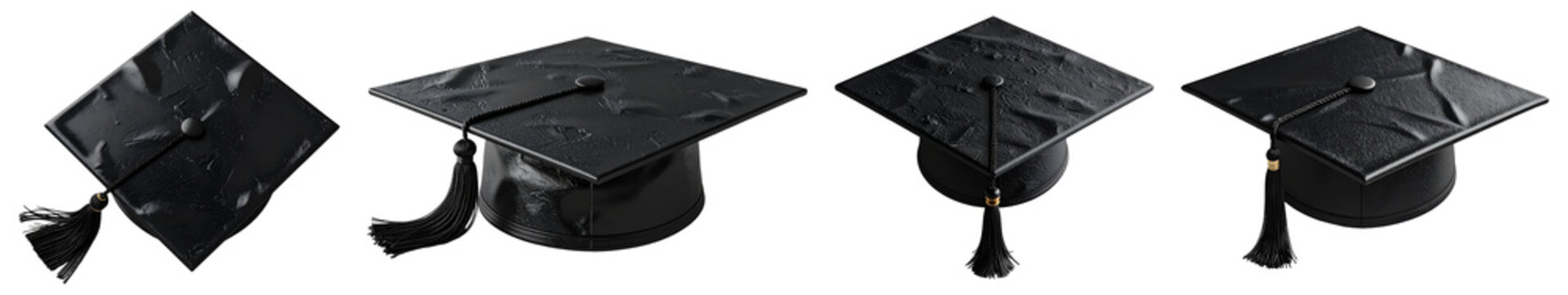 Black Graduation Cap Collection, Top View Academic Achievement Isolated on Transparent Background