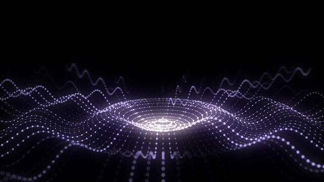 Futuristic circle wave. Dark cyberspace. Abstract music sound wave with dots. Purple moving particles on a black background. 3d rendering.