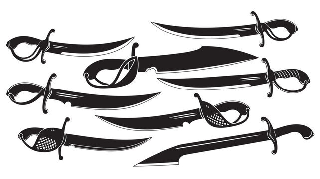 Vintage pirate cutlass sword silhouettes, set of 8 nautical sabre vector icons, antique naval blade weapon collection for maritime design