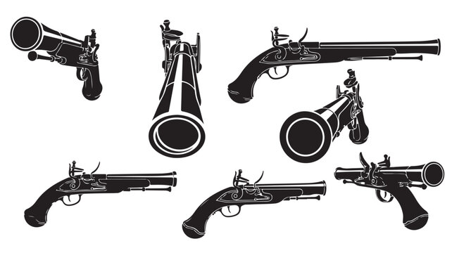 Vintage flintlock pistol vector set, antique blunderbuss handgun silhouettes, 7 pirate firearm illustrations for historical design and gaming