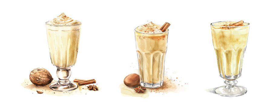 Design of a beautiful tall glass of eggnog set painting. Hand-painted style, vectorized, vector set available in EPS Simple Hand-painted watercolor style. Hand-painted watercolor style, vectorized