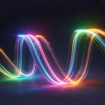 Fondo abstracto de ondas de luz de ne&oacute;n multicolores y l&iacute;neas de fibra &oacute;ptica brillantes en movimiento