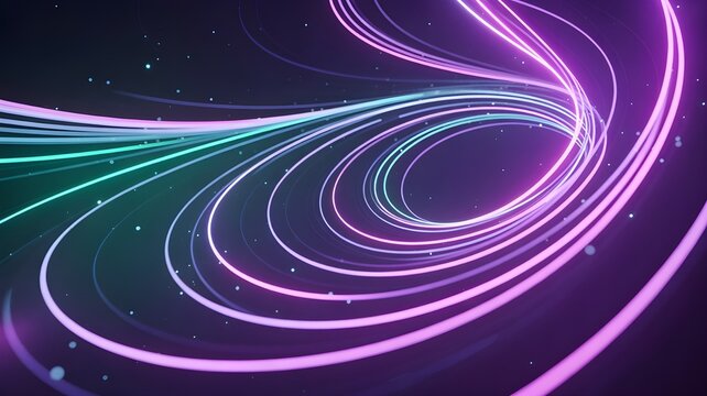 Fondo abstracto de l&iacute;neas de luz de ne&oacute;n en espiral con part&iacute;culas brillantes, concepto de tecnolog&iacute;a y velocidad de datos