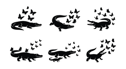 Crocodile And Butterflies Silhouette Vector Illustration On White Background © Begum
