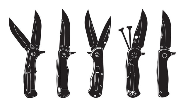 Tactical folding knife silhouette collection, black pocket knife vector set, 5 EDC utility blade icons for outdoor survival and camping gear