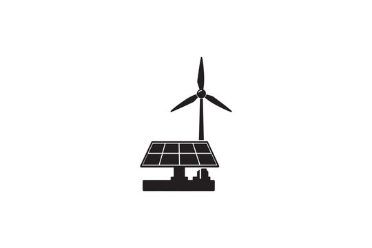 Clean energy production concept featuring black silhouette of solar panels and wind turbine combined to represent integrated renewable solutions.