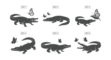 Crocodile And Butterflies Silhouette Vector Illustration On White Background © Begum