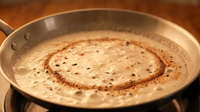 cooking dosa in a pan on the stove.