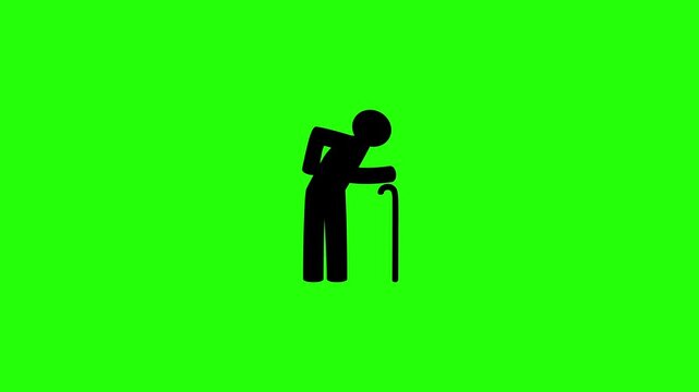 Beautiful 4K motion asset containing an old senior man with a cane touching his aching back silhouette bouncing. Clean geriatric healthcare clinic graphic.